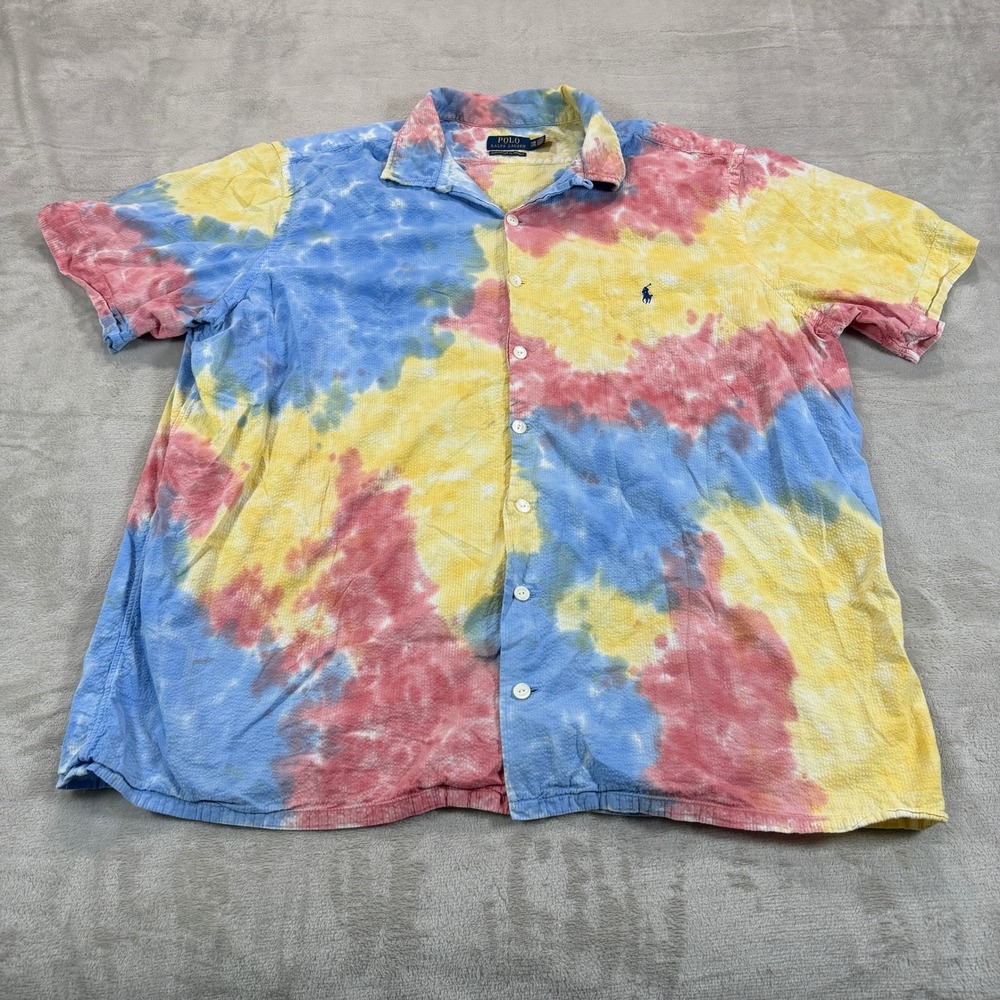 Polo Ralph Lauren Mens 2XB Tie Dye Seersucker Short Sleeve Camp Shirt Multicolor